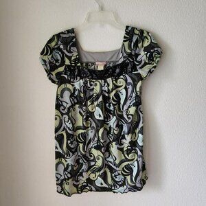 Y2K VINTAGE Green & Black Swirl Tee w/ Sequin Detail Baby Doll Style Sz S/M